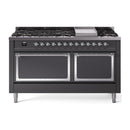 ILVE 60-Inch Nostalgie II Noblesse Propane Gas Dual Fuel Range with 9 Sealed Burners, Griddle, and Solid Door Oven in Matte Graphite with Chrome Trim (UN60FQNMPMGCLP)