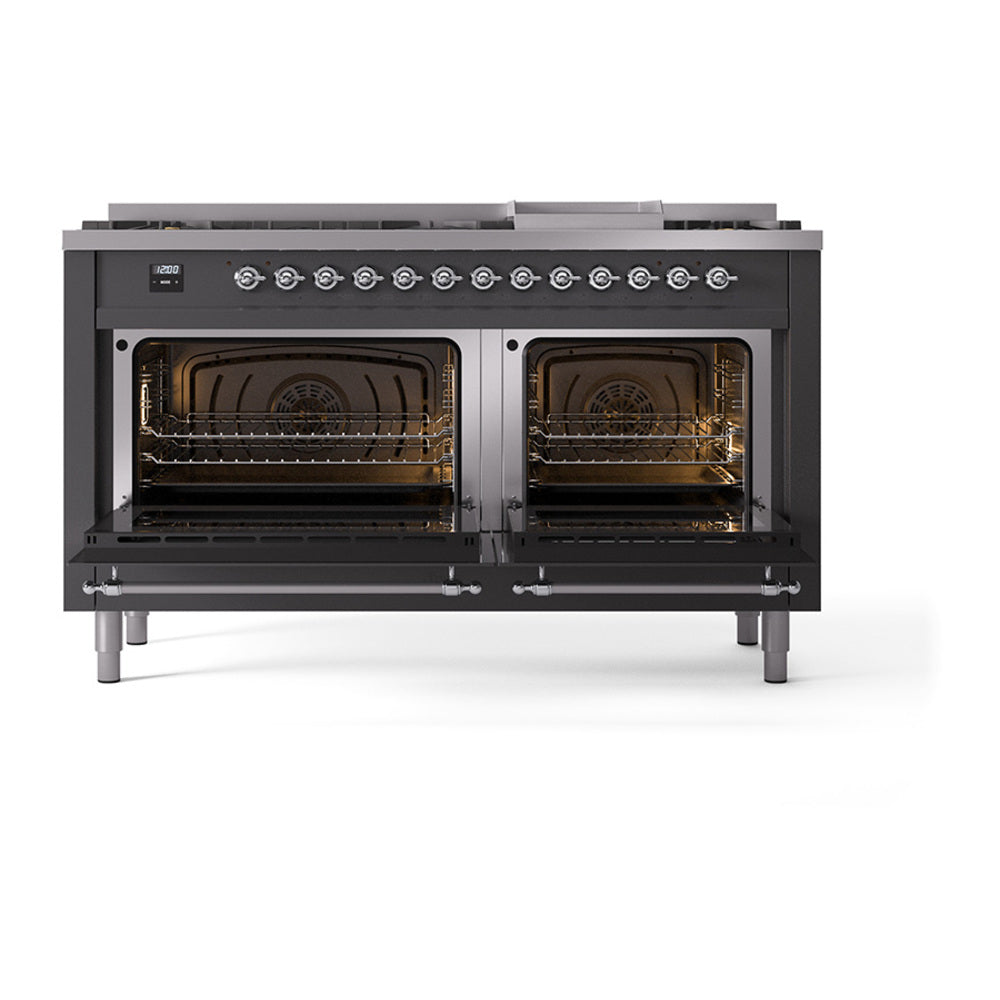 Matte graphite dual fuel range with two open oven doors and wire racks inside