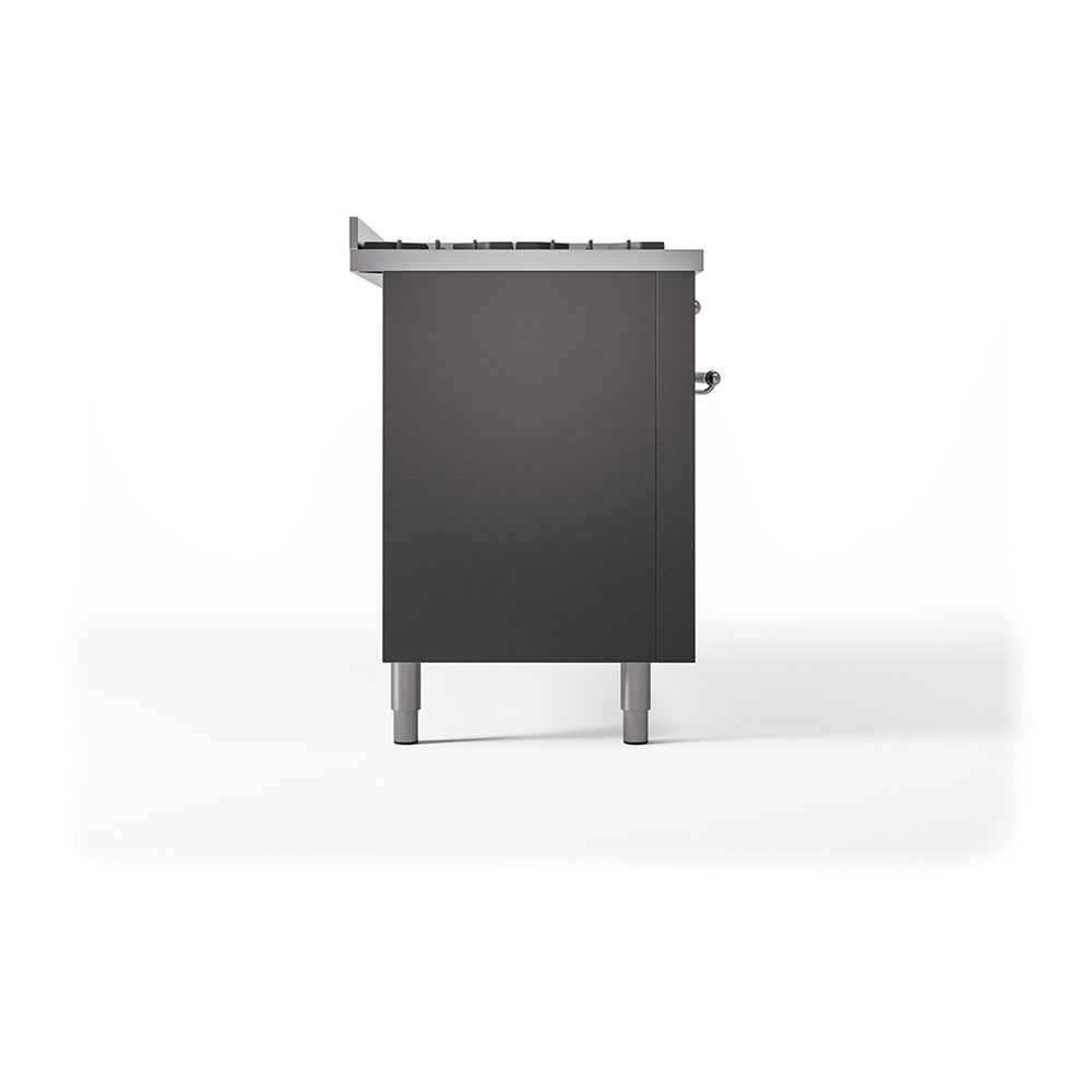Matte graphite side panel of a dual fuel range with legs and control knobs