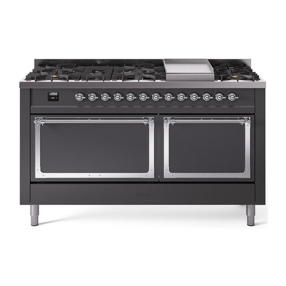 Matte graphite dual fuel range with chrome trim, front oven doors and 9 sealed burners