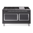 ILVE 60-Inch Nostalgie II Noblesse Natural Gas Dual Fuel Range with 9 Sealed Burners, Griddle, and Solid Door Oven in Matte Graphite with Chrome Trim (UN60FQNMPMGC)