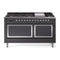 ILVE 60-Inch Nostalgie II Noblesse Natural Gas Dual Fuel Range with 9 Sealed Burners, Griddle, and Solid Door Oven in Matte Graphite with Chrome Trim (UN60FQNMPMGC)