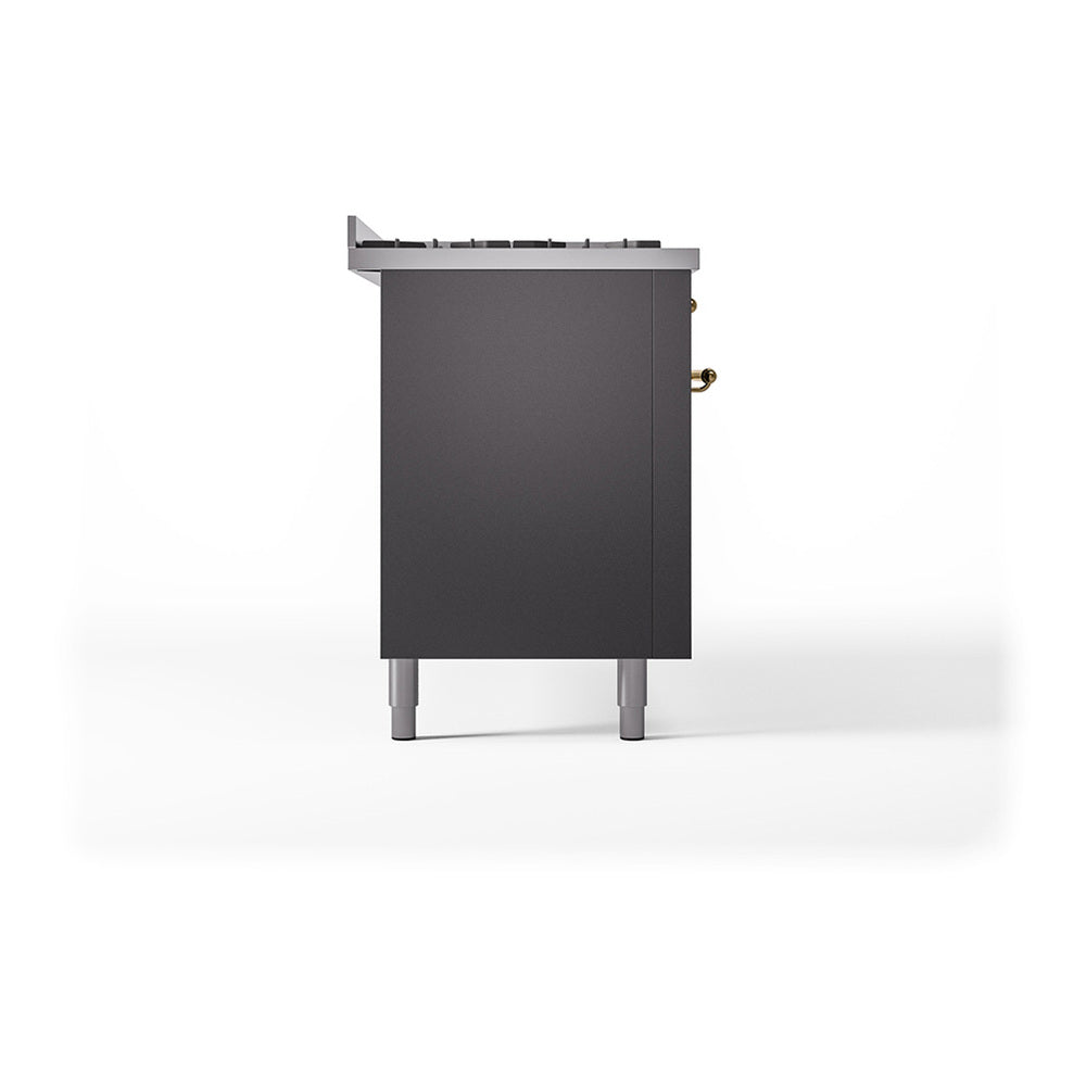 Matte graphite solid door on stove base with brass hardware and leveling legs