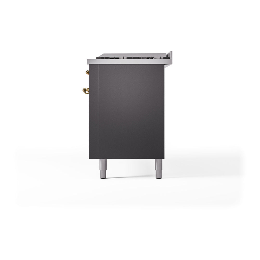 Matte graphite solid door panel on stove base with brass hinges and leveling legs