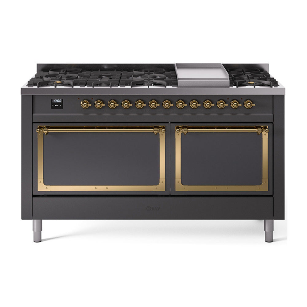 Matte graphite dual fuel range with brass-trimmed controls and griddle