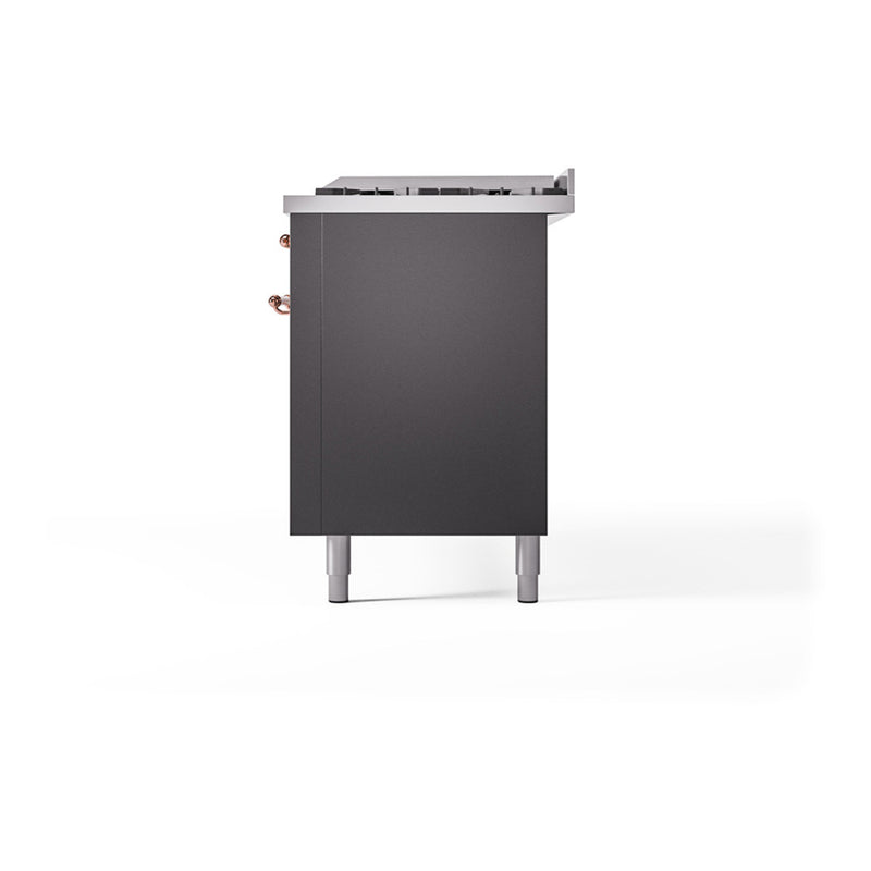 ILVE 60-Inch Nostalgie II Noblesse Dual Fuel Range with 9 Sealed Burners, Griddle, and Solid Door Oven in Matte Graphite with Copper Trim (UN60FQNMPMGP)