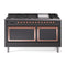 ILVE 60-Inch Nostalgie II Noblesse Dual Fuel Range with 9 Sealed Burners, Griddle, and Solid Door Oven in Matte Graphite with Copper Trim (UN60FQNMPMGP)