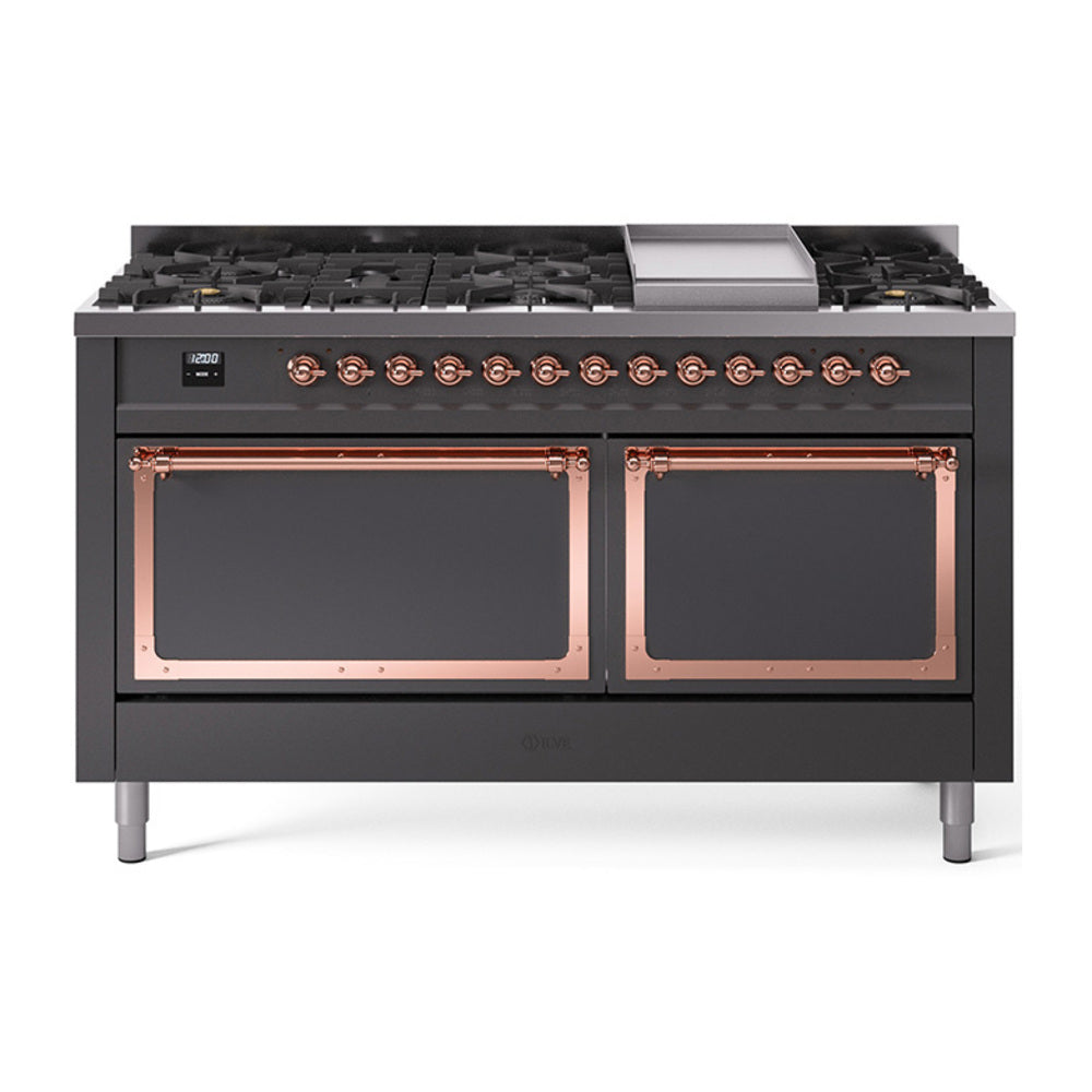 Matte graphite dual-fuel range with copper-trim knobs, griddle, and two oven doors
