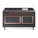 ILVE 60-Inch Nostalgie II Noblesse Propane Gas Dual Fuel Range with 9 Sealed Burners, Griddle, and Solid Door Oven in Matte Graphite with Copper Trim (UN60FQNMPMGPLP)