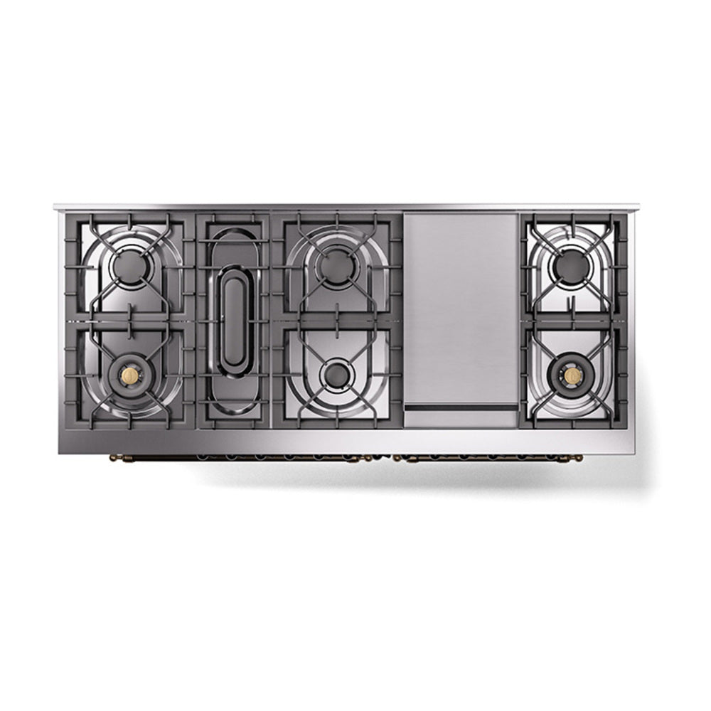 White cooktop with burner grates and bronze-trimmed control panel in top view