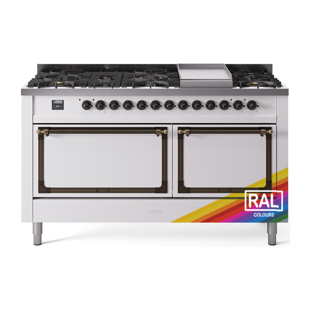 Stainless dual-fuel range with griddle, bronze knobs, and two oven doors