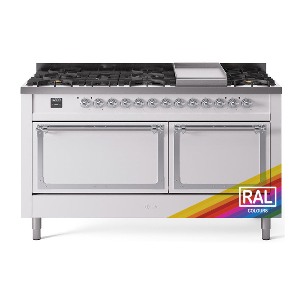 Nostalgie II dual fuel range with stainless top, burner knobs, griddle, two oven doors