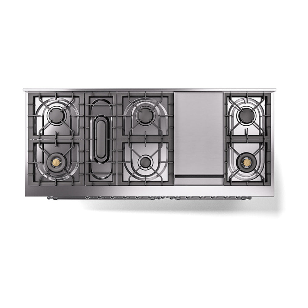 Dual fuel range cooktop underside with burner grates and valve layout, stainless frame