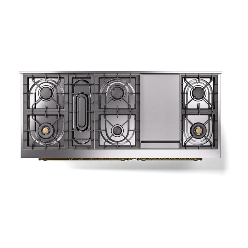 ILVE 60-Inch Nostalgie II Noblesse Dual Fuel Range with 9 Sealed Burners, Griddle, and Solid Door Oven in RAL with Brass Trim (UN60FQNMPRAG)