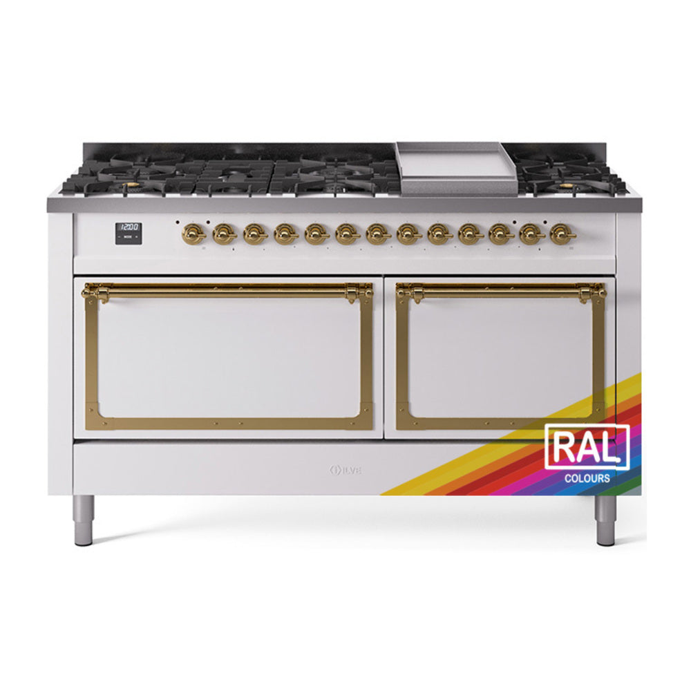 Nostalgie gas range with 9 burners, griddle, brass-trimmed double oven doors