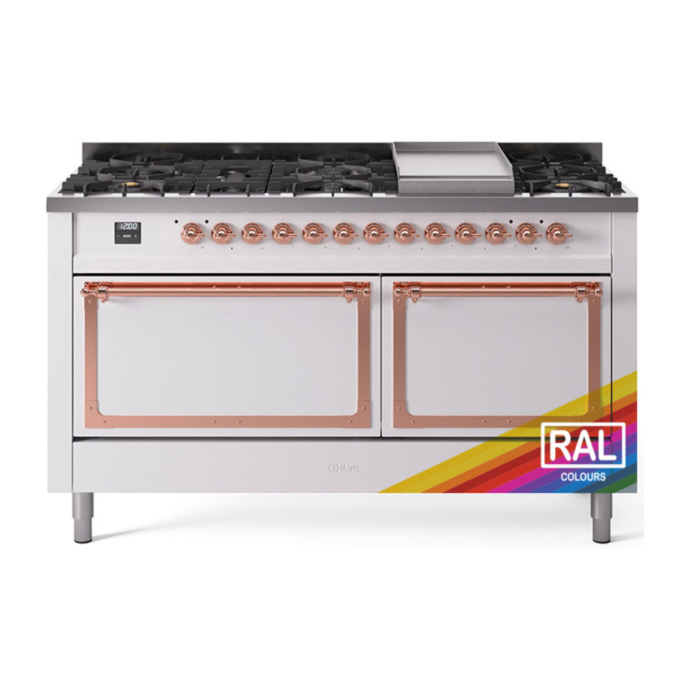 ILVE dual-fuel range with stainless cooktop, copper trim, and double oven doors