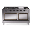 ILVE 60-Inch Nostalgie II Noblesse Propane Gas Dual Fuel Range with 9 Sealed Burners, Griddle, and Solid Door Oven in Stainless Steel with Bronze Trim (UN60FQNMPSSBLP)