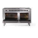ILVE 60-Inch Nostalgie II Noblesse Natural Gas Dual Fuel Range with 9 Sealed Burners, Griddle, and Solid Door Oven in Stainless Steel with Bronze Trim (UN60FQNMPSSB)