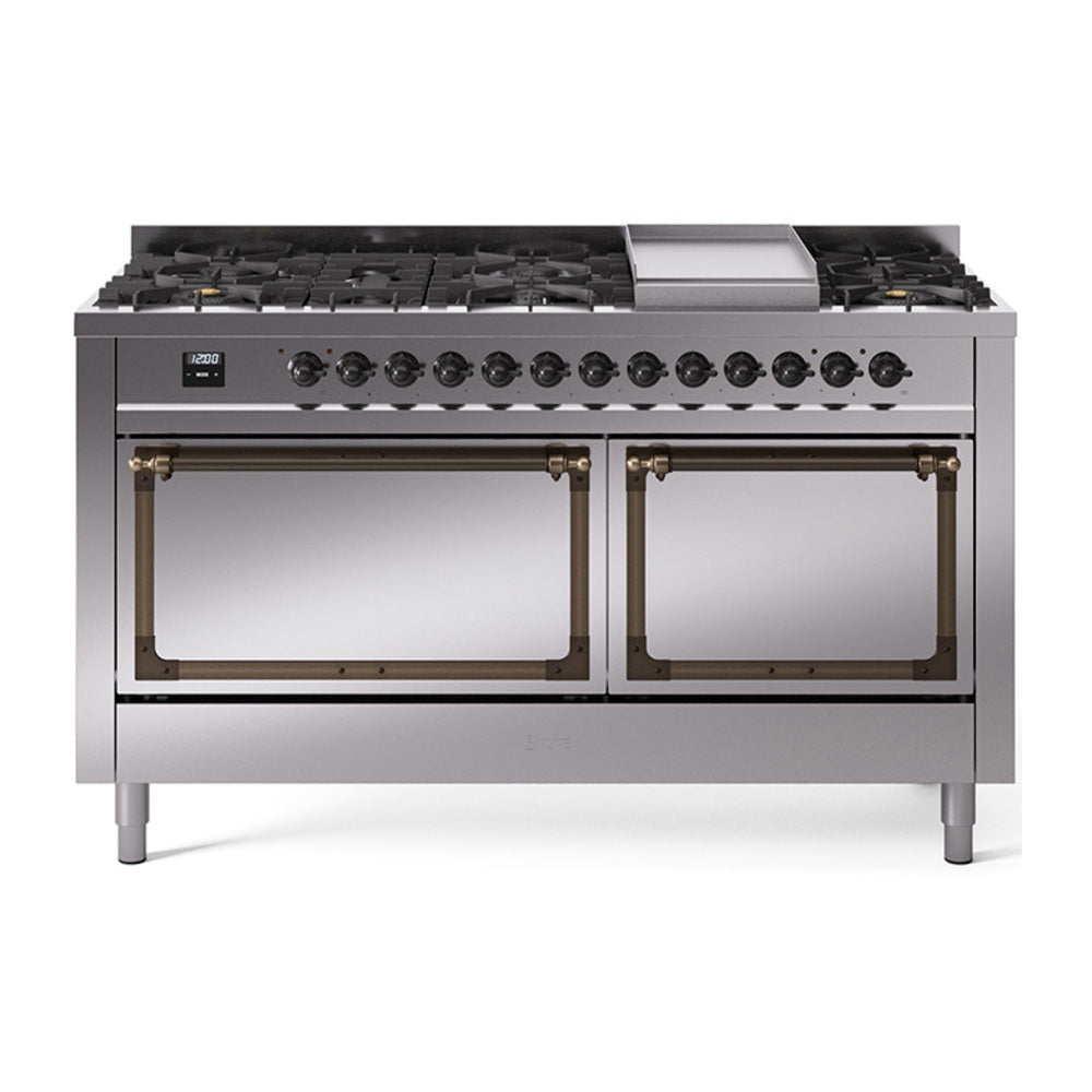 Stainless steel dual fuel range with bronze-trimmed doors, griddle, and 9 sealed burners