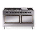 ILVE 60-Inch Nostalgie II Noblesse Natural Gas Dual Fuel Range with 9 Sealed Burners, Griddle, and Solid Door Oven in Stainless Steel with Bronze Trim (UN60FQNMPSSB)