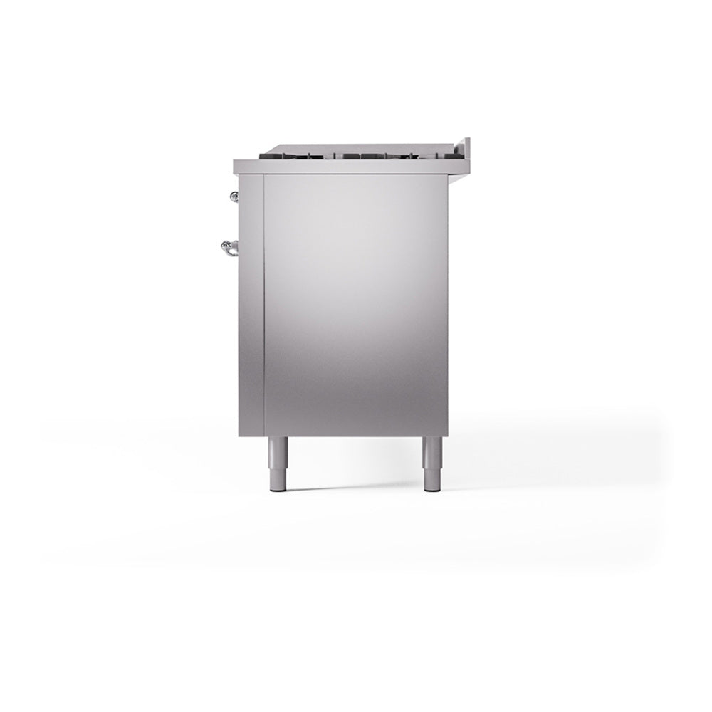 Stainless steel range side panel view with rear fittings and four leveling feet