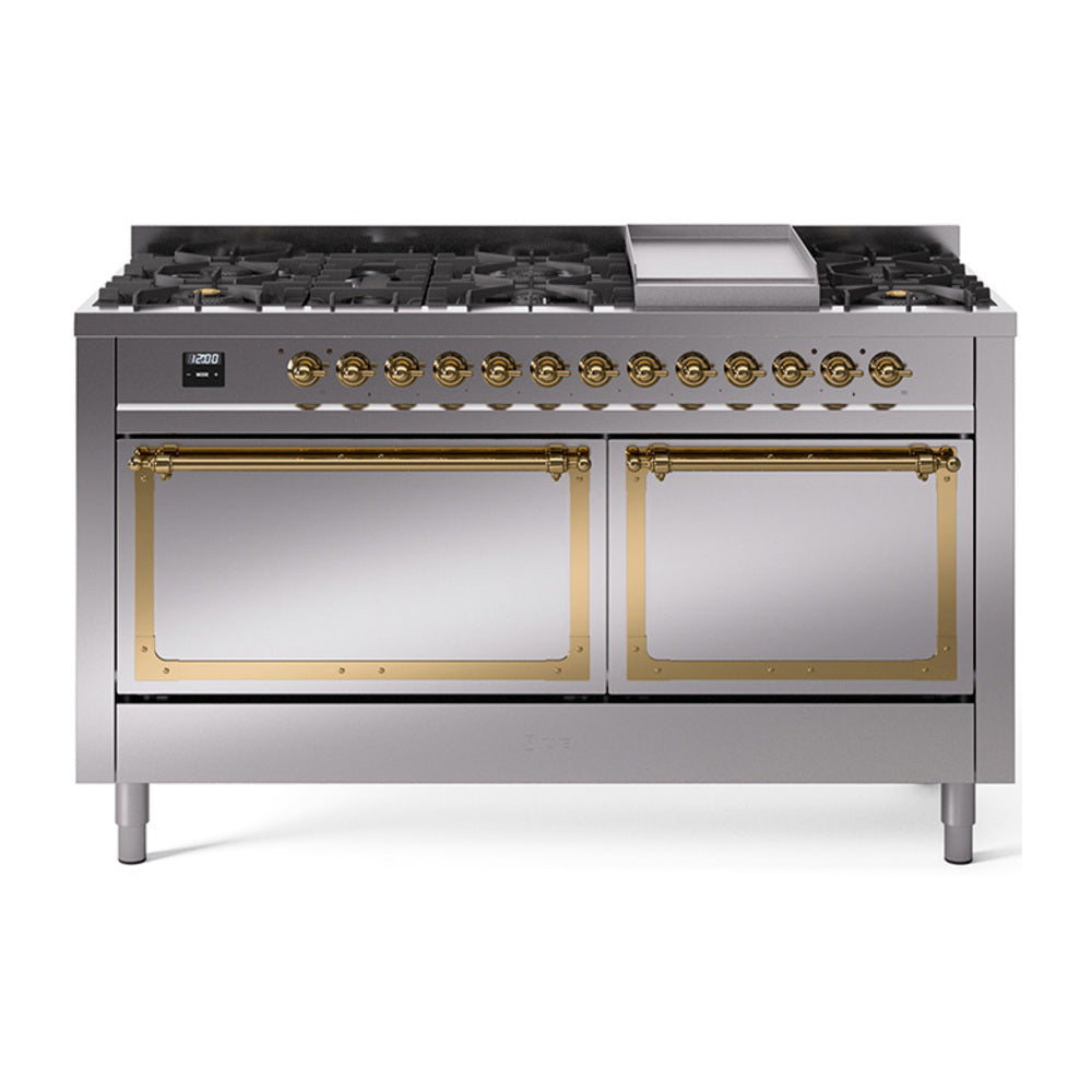 Stainless gas dual-fuel range with brass-trimmed control panel, griddle, and sealed burners