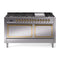 ILVE 60-Inch Nostalgie II Noblesse Natural Gas Dual Fuel Range with 9 Sealed Burners, Griddle, and Solid Door Oven in Stainless Steel with Brass Trim (UN60FQNMPSSG)