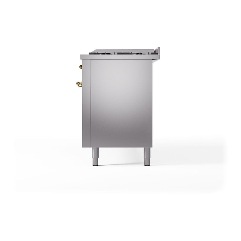 ILVE 60-Inch Nostalgie II Noblesse Dual Fuel Range with 9 Sealed Burners, Griddle, and Solid Door Oven in Stainless Steel with Brass Trim (UN60FQNMPSSG)