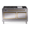 ILVE 60-Inch Nostalgie II Noblesse Dual Fuel Range with 9 Sealed Burners, Griddle, and Solid Door Oven in Stainless Steel with Brass Trim (UN60FQNMPSSG)