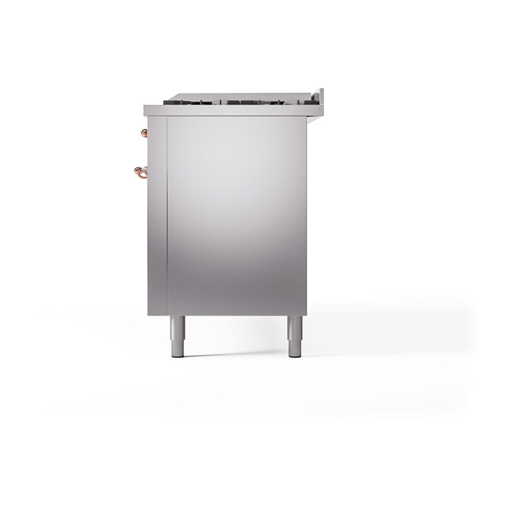 Stainless steel range side view with rear copper fittings and leveling legs