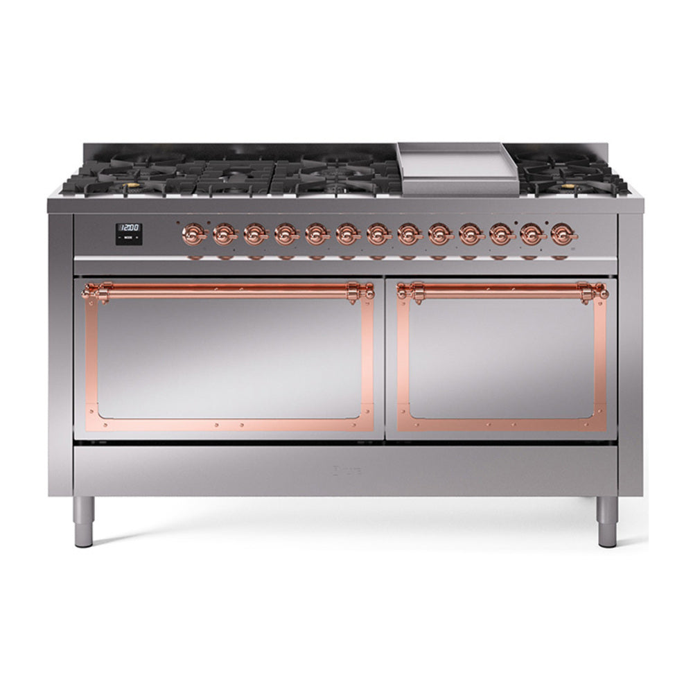 Stainless steel dual fuel range with black grates, copper-trim control panel, and burners