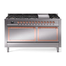 ILVE 60-Inch Nostalgie II Noblesse Natural Gas Dual Fuel Range with 9 Sealed Burners, Griddle, and Solid Door Oven in Stainless Steel with Copper Trim (UN60FQNMPSSP)