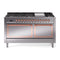 ILVE 60-Inch Nostalgie II Noblesse Natural Gas Dual Fuel Range with 9 Sealed Burners, Griddle, and Solid Door Oven in Stainless Steel with Copper Trim (UN60FQNMPSSP)