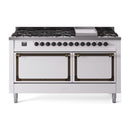 ILVE 60-Inch Nostalgie II Noblesse Propane Gas Dual Fuel Range with 9 Sealed Burners, Griddle, and Solid Door Oven in White with Bronze Trim (UN60FQNMPWHBLP)