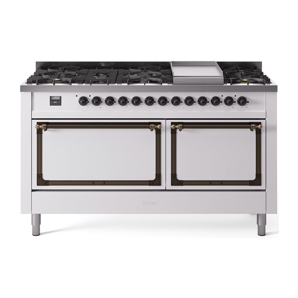 White dual-fuel range with bronze trim, 9 sealed burners and griddle, front view