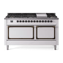 ILVE 60-Inch Nostalgie II Noblesse Natural Gas Dual Fuel Range with 9 Sealed Burners, Griddle, and Solid Door Oven in White with Bronze Trim (UN60FQNMPWHB)