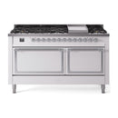 ILVE 60-Inch Nostalgie II Noblesse Natural Gas Dual Fuel Range with 9 Sealed Burners, Griddle, and Solid Door Oven in White with Chrome Trim (UN60FQNMPWHC)