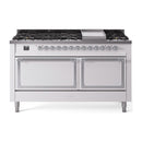 ILVE 60-Inch Nostalgie II Noblesse Propane Gas Dual Fuel Range with 9 Sealed Burners, Griddle, and Solid Door Oven in White with Chrome Trim (UN60FQNMPWHCLP)