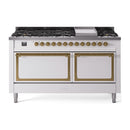 ILVE 60-Inch Nostalgie II Noblesse Natural Gas Dual Fuel Range with 9 Sealed Burners, Griddle, and Solid Door Oven in White with Brass Trim (UN60FQNMPWHG)