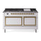 ILVE 60-Inch Nostalgie II Noblesse Natural Gas Dual Fuel Range with 9 Sealed Burners, Griddle, and Solid Door Oven in White with Brass Trim (UN60FQNMPWHG)