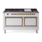 ILVE 60-Inch Nostalgie II Noblesse Dual Fuel Range with 9 Sealed Burners, Griddle, and Solid Door Oven in White with Brass Trim (UN60FQNMPWHG)