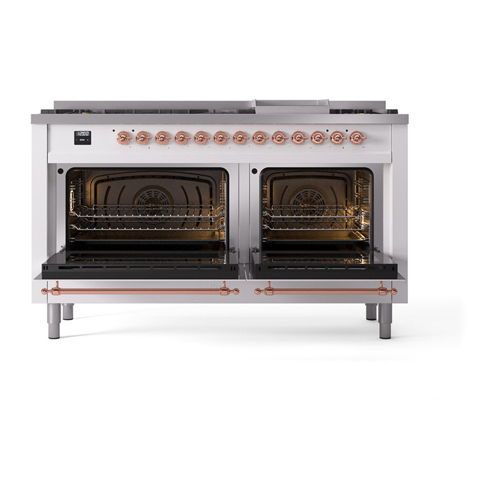 White dual-fuel range with two ovens open, showing racks and burner surfaces