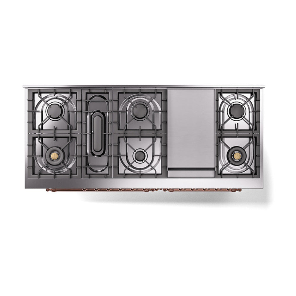 White dual fuel range top view with 9 sealed burners and central griddle surface