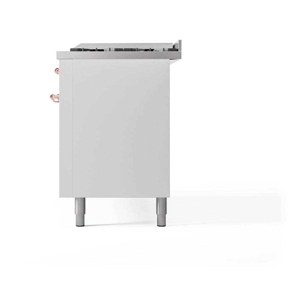 White dual fuel range rear-side view with copper connections and adjustable leveling feet