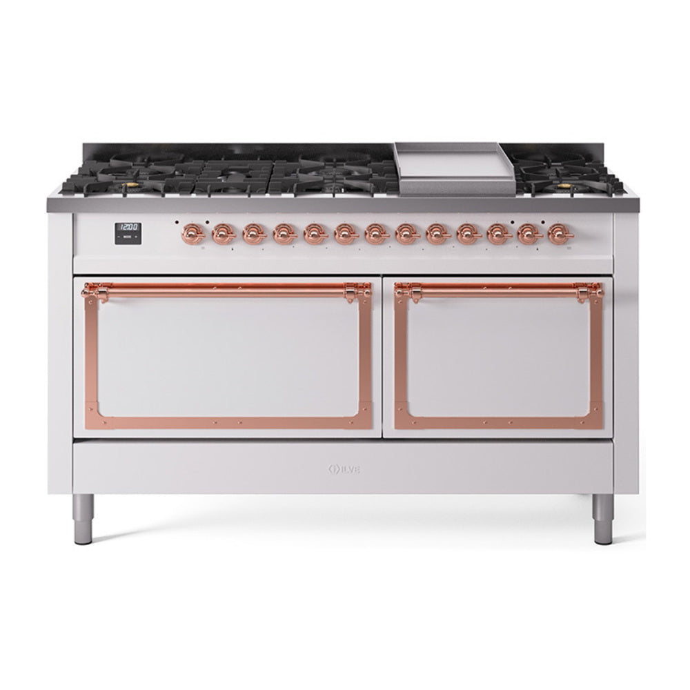 White dual-fuel range with copper-trimmed oven doors and front griddle area