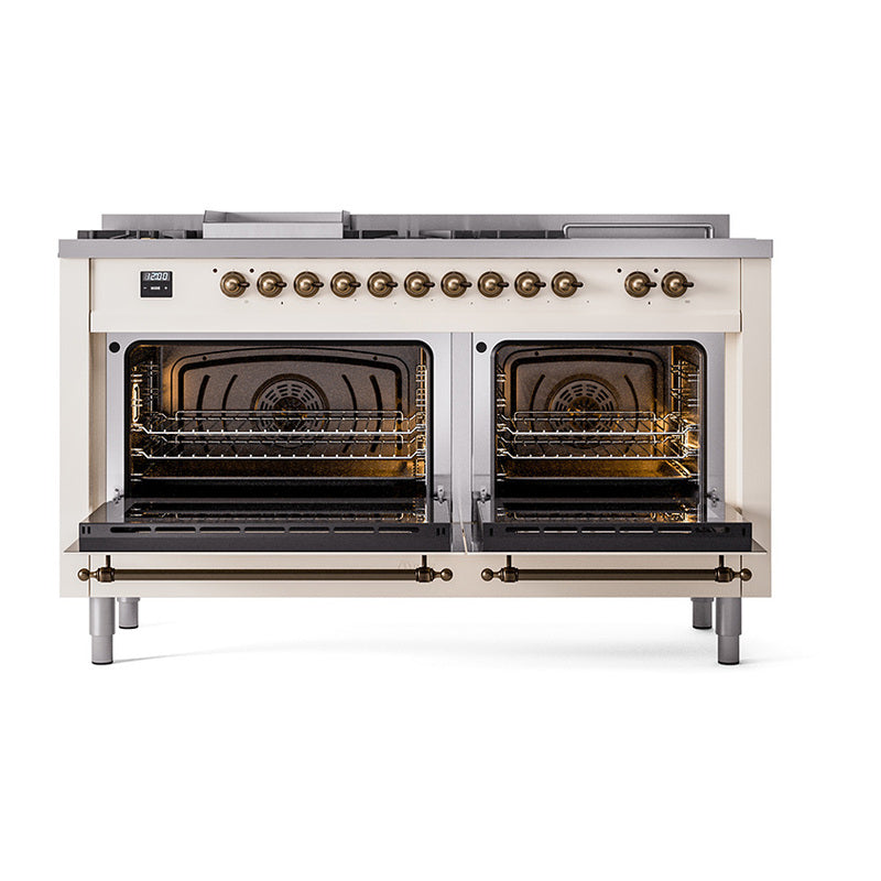 Antique white range with both ovens open, showing racks and visible heating elements
