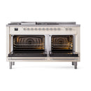 ILVE 60-Inch Nostalgie II Noblesse Natural Gas Dual Fuel Range with 7 Sealed Burners, Griddle, French Top and Triple Glass Door Oven in Antique White with Chrome Trim (UN60FSNMPAWC)
