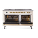 ILVE 60-Inch Nostalgie II Noblesse Propane Gas Dual Fuel Range with 7 Sealed Burners, Griddle, French Top and Triple Glass Door Oven in Antique White with Brass Trim (UN60FSNMPAWGLP)