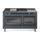 ILVE 60-Inch Nostalgie II Noblesse Propane Gas Dual Fuel Range with 7 Sealed Burners, Griddle, French Top and Triple Glass Door Oven in Blue Grey with Bronze Trim (UN60FSNMPBGBLP)