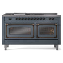 ILVE 60-Inch Nostalgie II Noblesse Propane Gas Dual Fuel Range with 7 Sealed Burners, Griddle, French Top and Triple Glass Door Oven in Blue Grey with Bronze Trim (UN60FSNMPBGBLP)